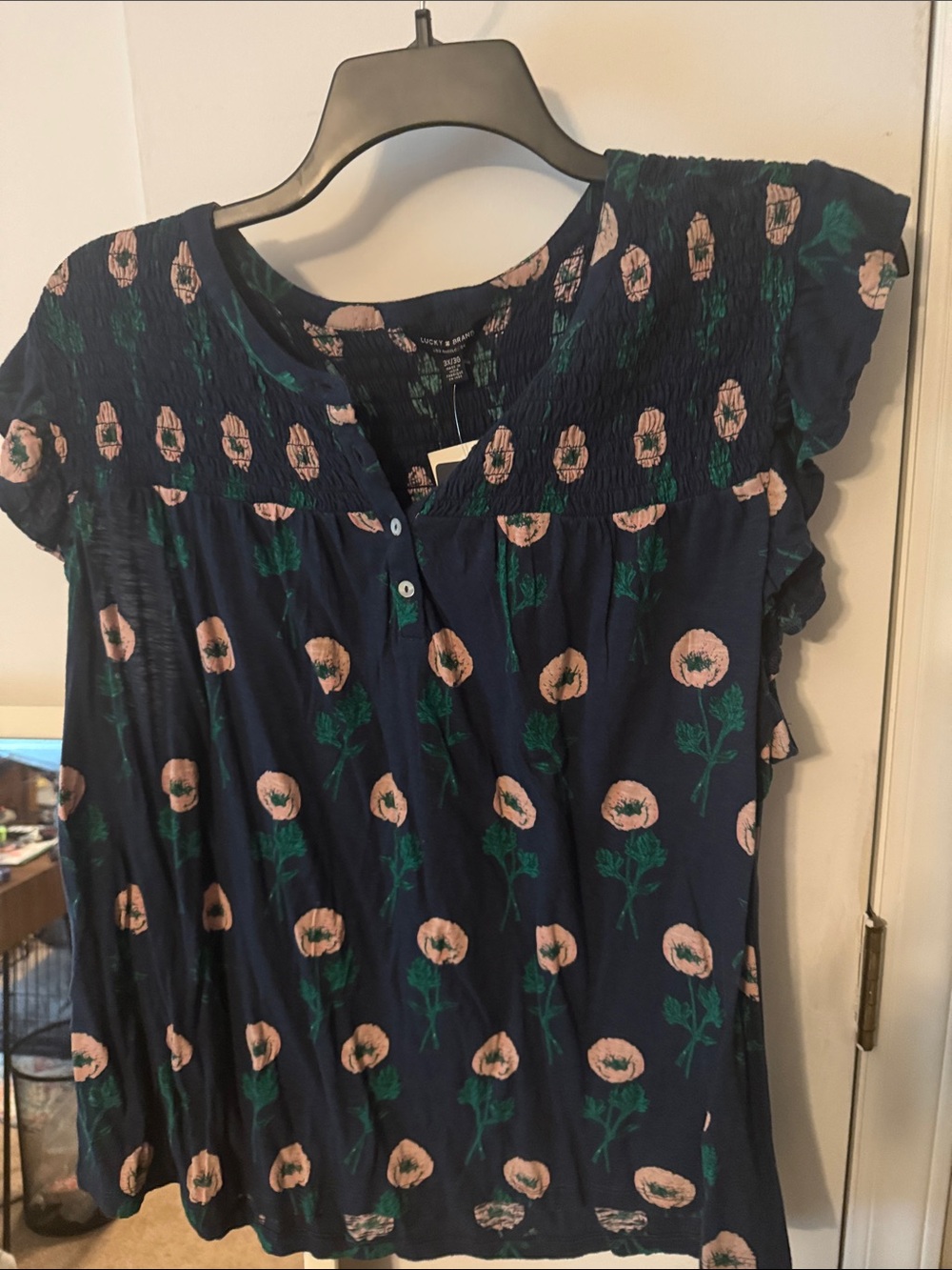 Lucky Brand Navy Floral Smocked Yoke Tunic - Pink & Green